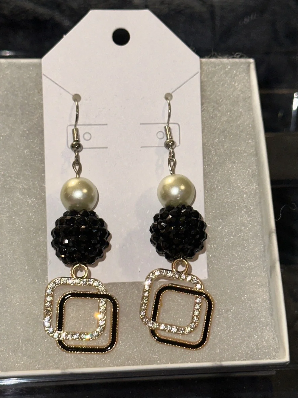 Handmade Elegant Black & Pearl Drop Earrings with Gold-Tone Squares